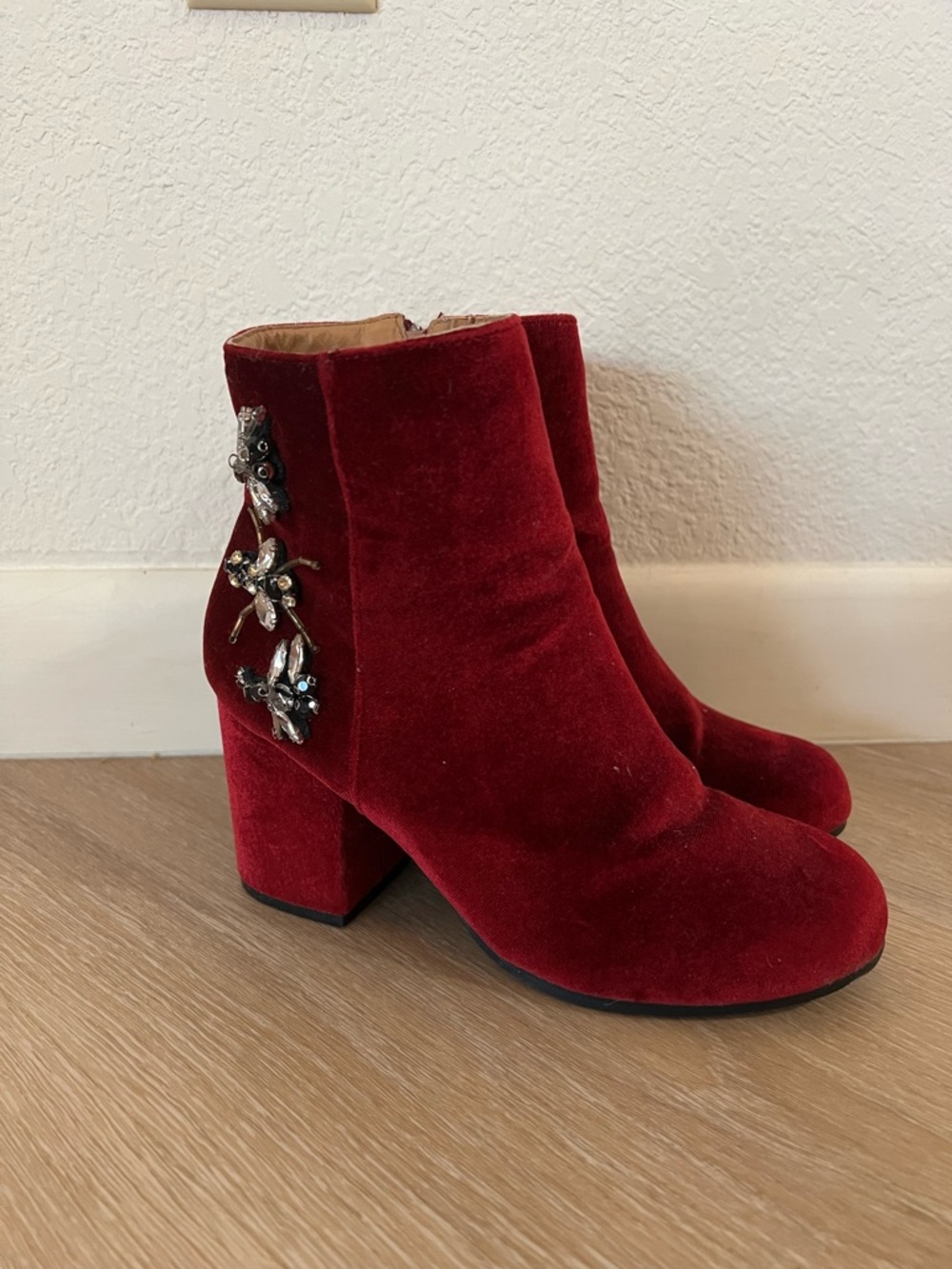 Embellished Red Velvet Ankle Boots with Block Heel